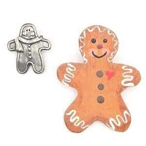 Vintage Gingerbread Brooch Pins 2002 Pewter Quick Cooking and Hand Painted Wood